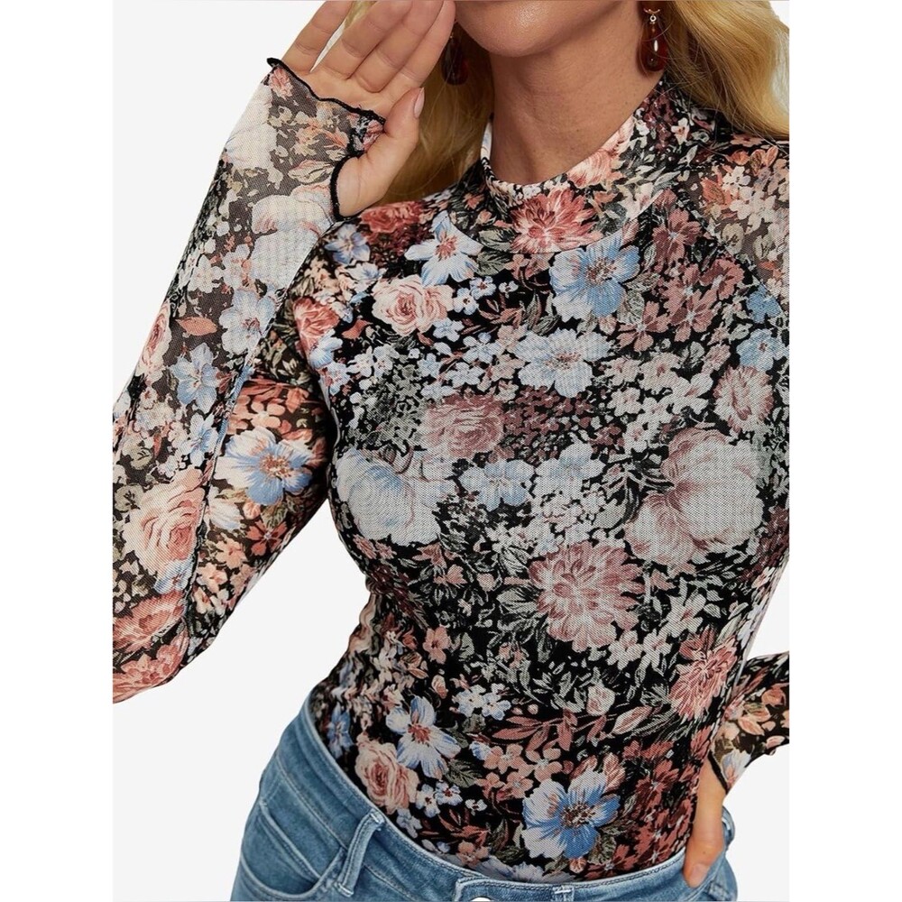 Dark Floral Mesh Mock Neck Top Size M Lettuce Trim Whimsigothc Dark Romantic Y2K